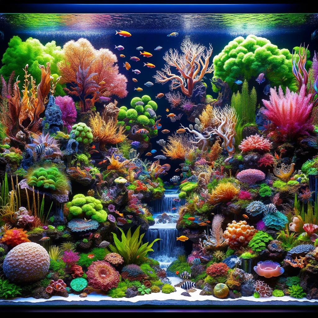 Intricate aquarium decoration showcasing lush plants, colorful coral, and rock formations in a vibrant aquarium