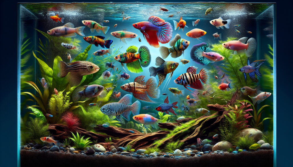 diverse group of exotic fish species swimming together in a well-maintained aquarium