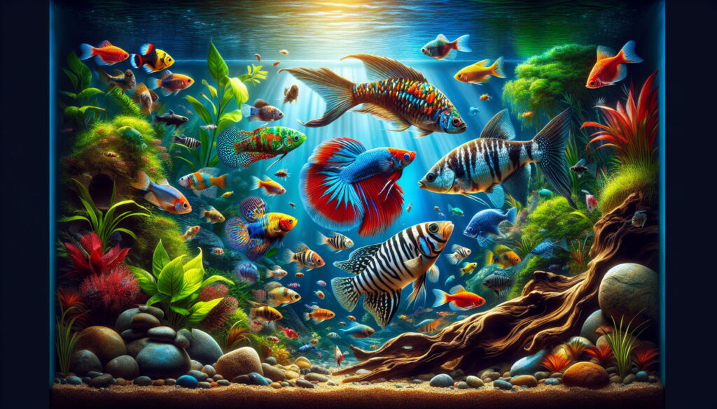 Colorful guppies,Neon tetras , Majestic betta, Active zebra danios, Corydoras catfish in a fish tank